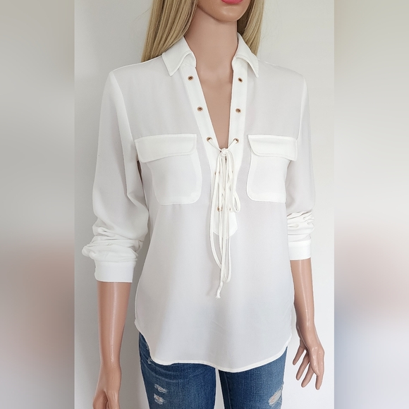 WHITE SHIRT LA MAHINA TIE LONG SLEEVE BLOUSE SHIRT XS - Picture 6 of 12